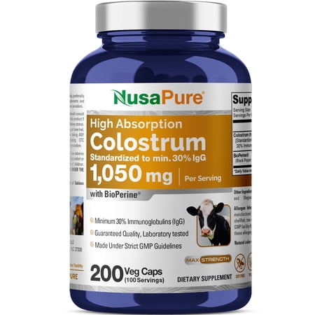 NusaPure Colostrum 1050mg Enhance Wellness with 30% IgG, 200 Caps - Non-GMO, Gluten-Free, Enriched with Bioperine for Better Health, Dietary Supplement for Adult Health & Wellness - Made in USA