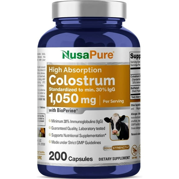 NusaPure Colostrum 1050mg Enhance Wellness with 30% IgG, 200 Caps - Non-GMO, Gluten-Free, Enriched with Bioperine for Better Health, Dietary Supplement for Adult Health & Wellness - Made in USA