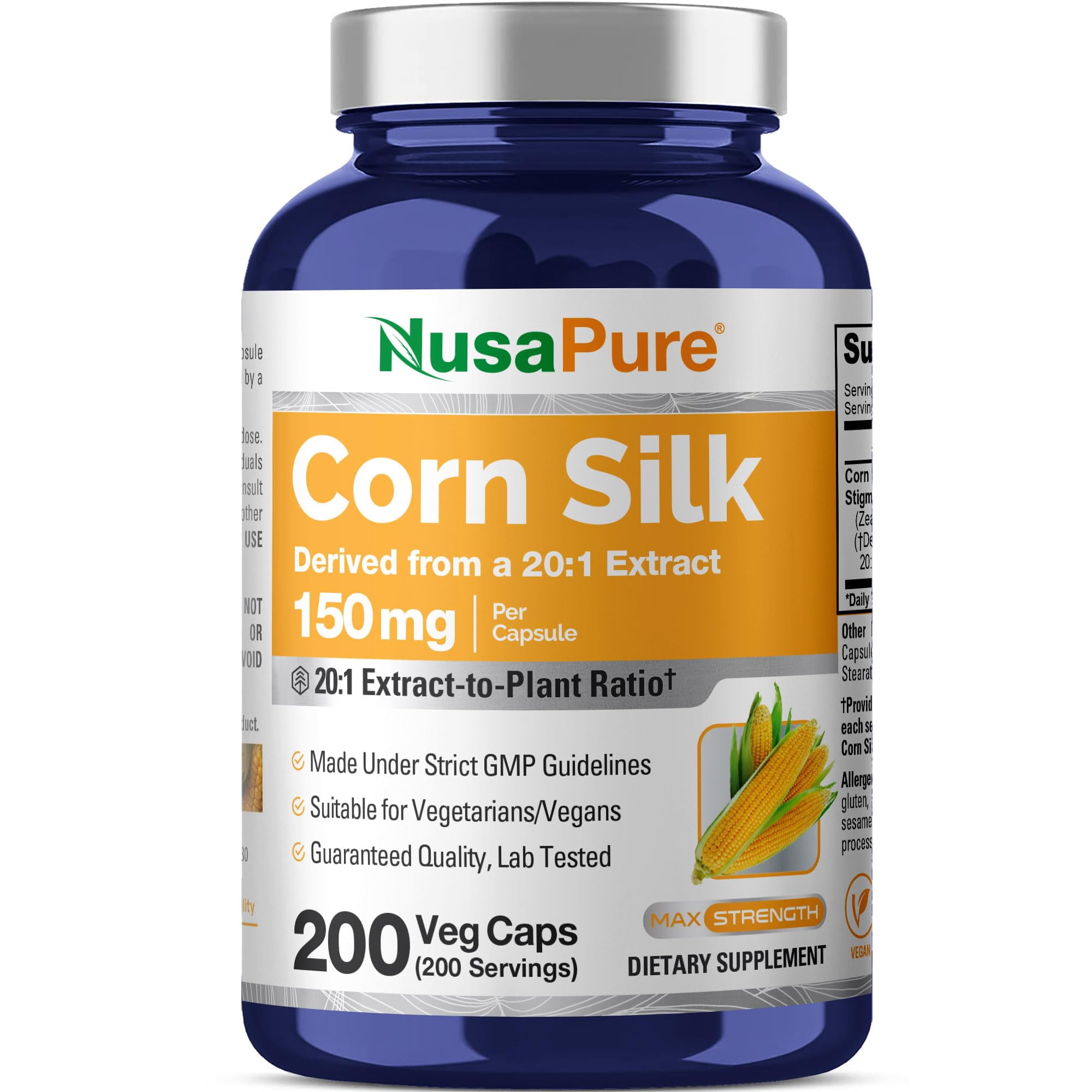 NusaPure Corn Silk Capsules, 150 mg, 200 Veg Capsules (Non-GMO, Vegan ...