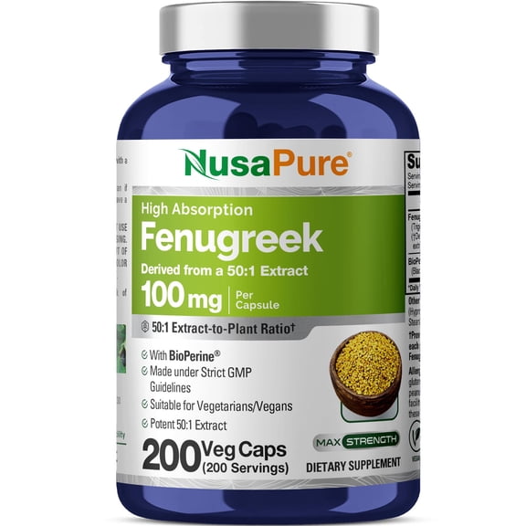 NusaPure Fenugreek Capsules, 100 mg, 200 Veg Capsules (Non-GMO, Vegan)