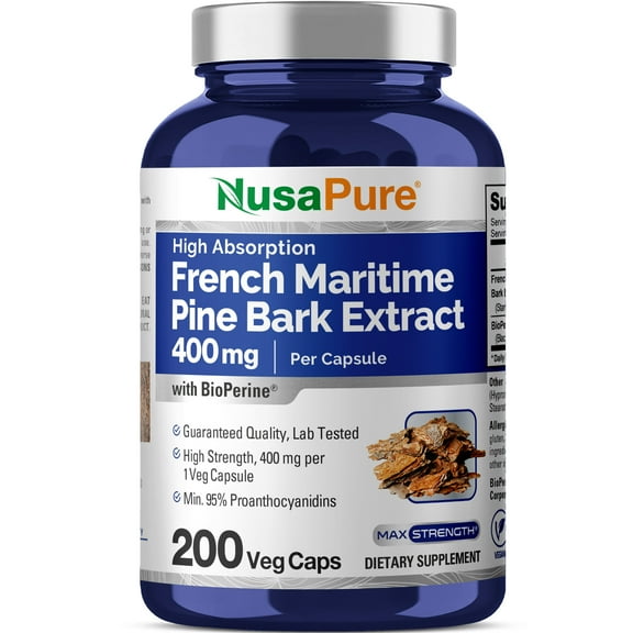 NusaPure French Maritime Pine Bark Extract 400mg per Veggie Caps, 200-Day Supply, Bioperine, Non-GMO Dietary Supplement