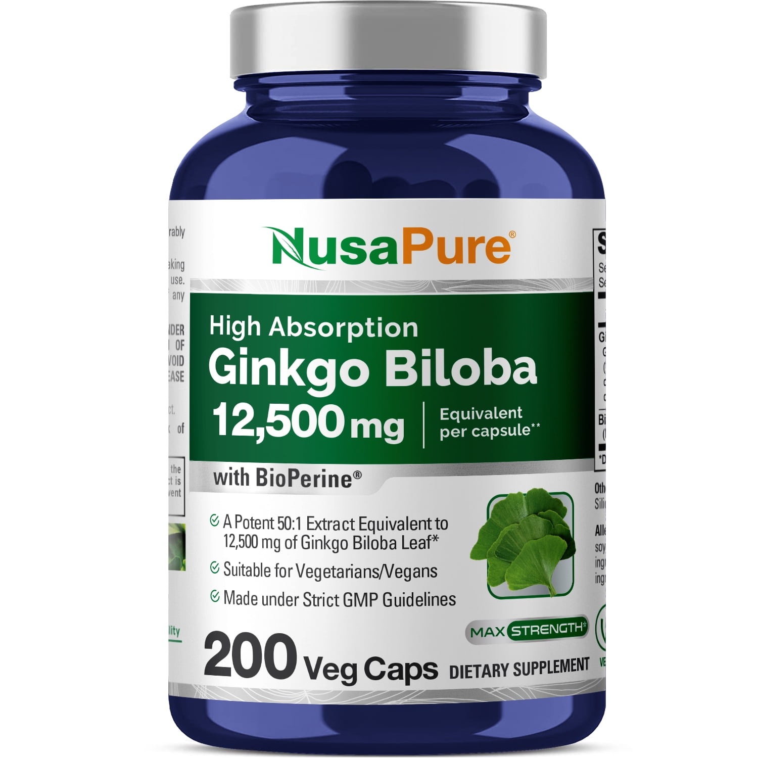 NusaPure Ginkgo Biloba Capsules, 250 mg, 200 Veg Capsules (Non-GMO, Vegan)