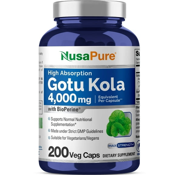 NusaPure Gotu Kola Capsules 4000mg Per Veggie Caps | 200 Count | Non-GMO, Gluten Free, Bioperine | Traditional Herb Extract