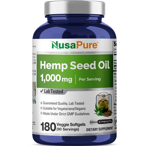 NusaPure Hemp Oil 1,000mg Per Serving, 180 Veggie Softgels, Non-GMO, Vegan