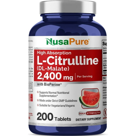 NusaPure L-Citrulline: 2,400mg, 200 Veg Tablets, (Non-GMO, Gluten-Free) with Bioperine, Dietary Suppelment for Adult Health & Wellness - Made in USA