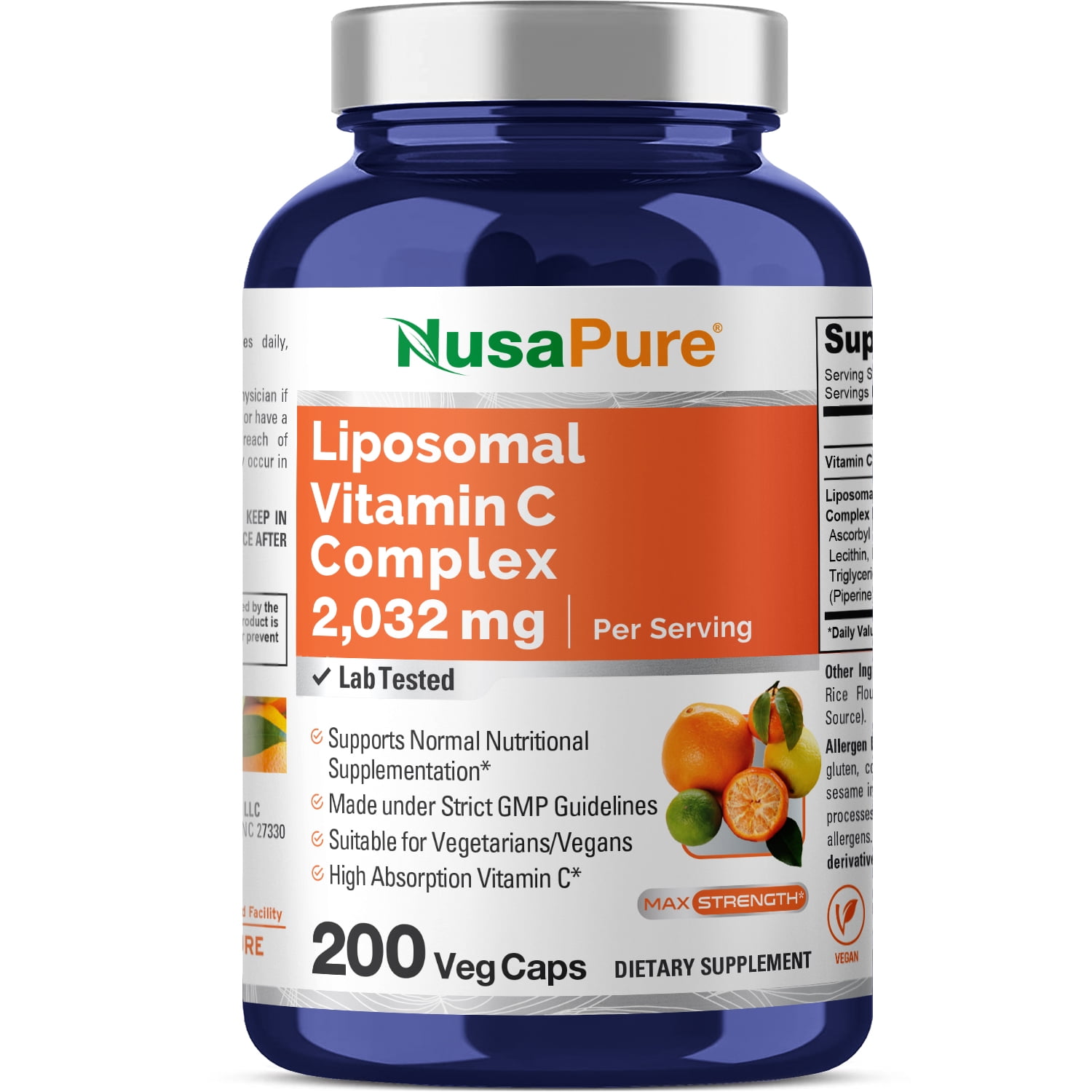 NusaPure Liposomal Vitamin C 2032mg - 200 Veggie Capsules with BioPerine, Dietary Supplement for Unisex Adult Health &amp; Wellness