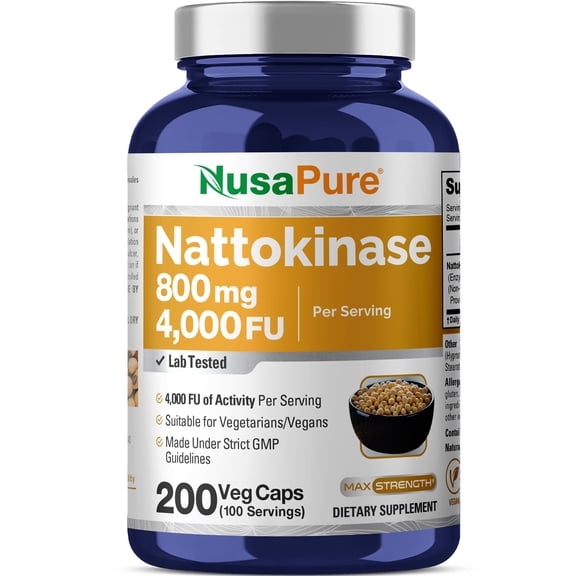 NusaPure Nattokinase 800mg: Potent 4000 FU Dietary Supplement Promoting Wellness & Health 200 Veggie Capsules Non-GMO for Unisex Adult