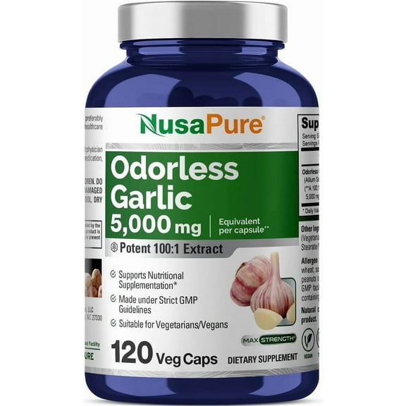 NusaPure Odorless Garlic Extract 5000mg Capsule | 120 Veggie Caps | High Potency | Herbal Supplement | Non-GMO