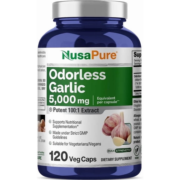 NusaPure Odorless Garlic Extract 5000mg Capsule | 120 Veggie Caps | High Potency | Herbal Supplement | Non-GMO