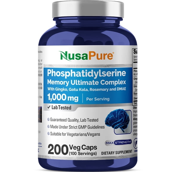 NusaPure Phosphatidylserine Memory Ultimate Complex 1000mg 200 Vegetarian Caps (Vegan, Non-GMO) Dietary Supplement for Unisex Adult Wellness & Health