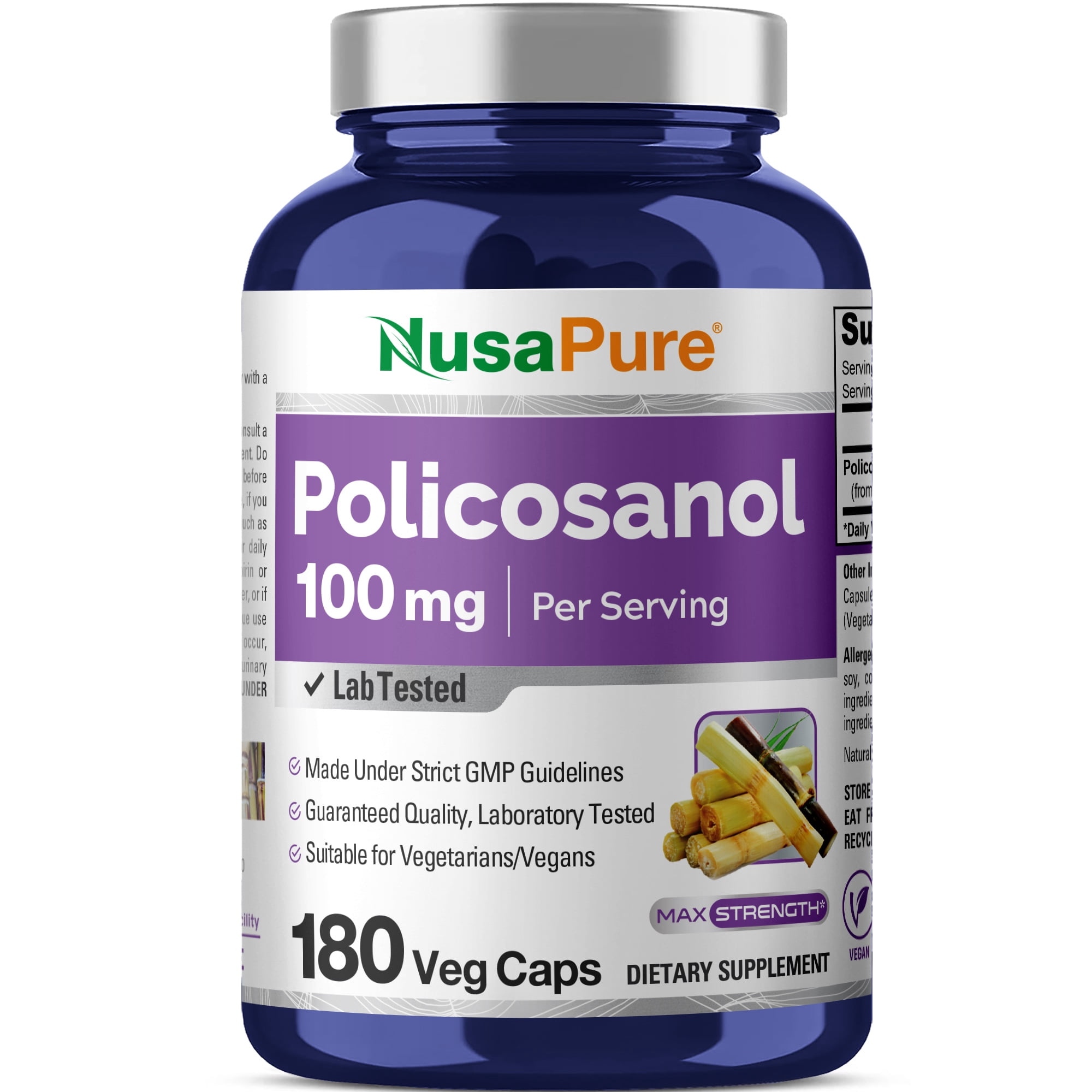 NusaPure Policosanol 100mg Elevate Well-being with 180 Vegan Capsules,  Non-GMO & Gluten-Free, Dietary Supplement for Adult Health & Wellness