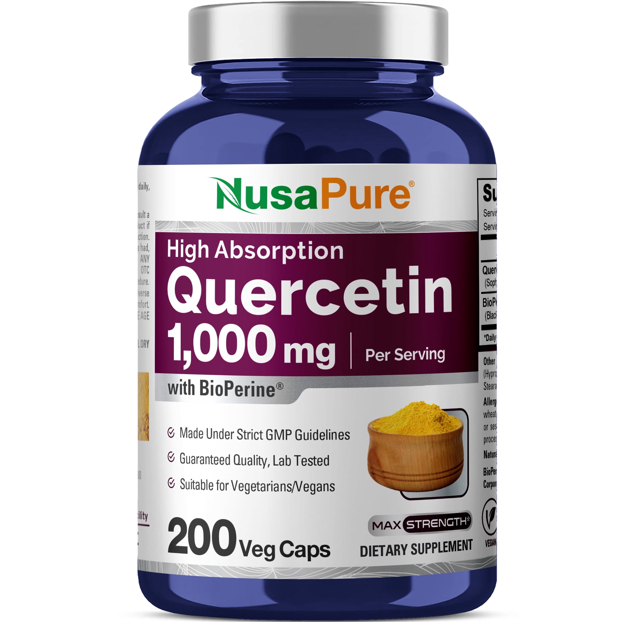 NusaPure Quercetin 1000mg - 200 Veggie Capsules, Non-GMO & Gluten-Free, Vegetarian Formula with Bioperine, Dietary Supplement for Unisex Adult Health & Wellness
