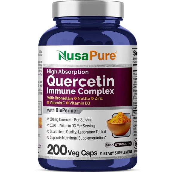 NusaPure Quercetin Complex: Bromelain, Vitamin C, Vitamin D3, Stinging Nettle, Zinc | 200 Veggie Caps (Non-GMO, Bioperine)