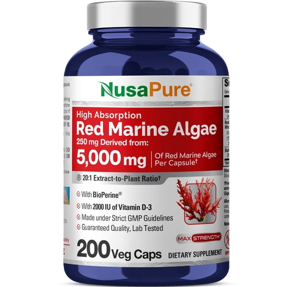 NusaPure Red Marine Algae 20:1 Extract, 250 mg Equivalent to 5,000 mg Veggie Caps 200 Count (Non-GMO, Soyfree)