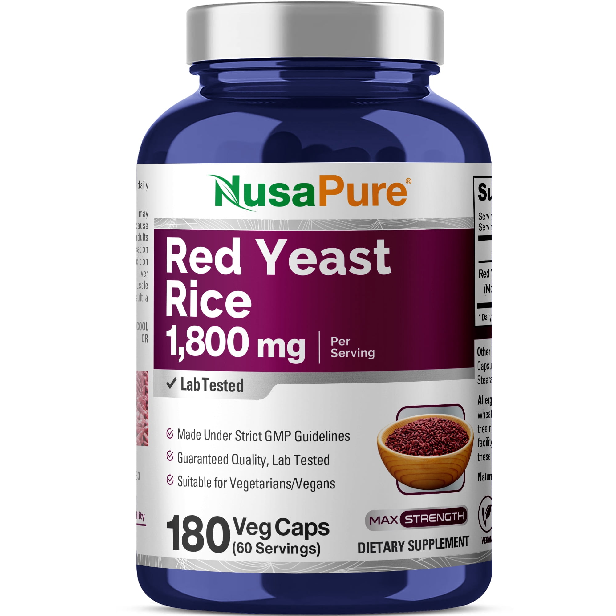 NusaPure Red Yeast Rice 1800mg 180 Veggie Capsules (NON-GMO, Gluten Free)