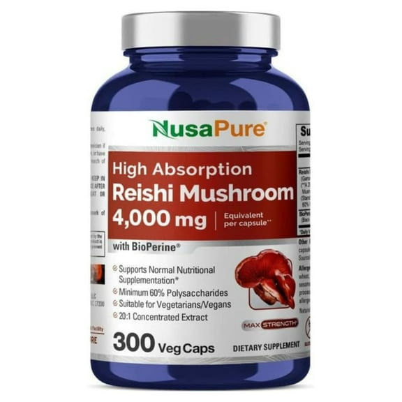 NusaPure Reishi Mushroom Extract 4000mg per Capsule 300 Veggie Caps Vegan, Non-GMO, Gluten-Free