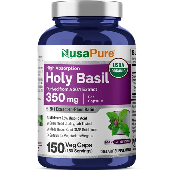 NusaPure Organic Holy Basil Capsules, 350 mg, 150 Veg Capsules (Non-GMO, Vegan, USDA)