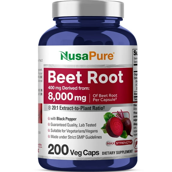 NusaPure Beet Root Black Pepper 20:1 Extract, 400 mg Equivalent to 8,000 mg 200 Veg Caps Dietary Supplement Vegan, Non-GMO