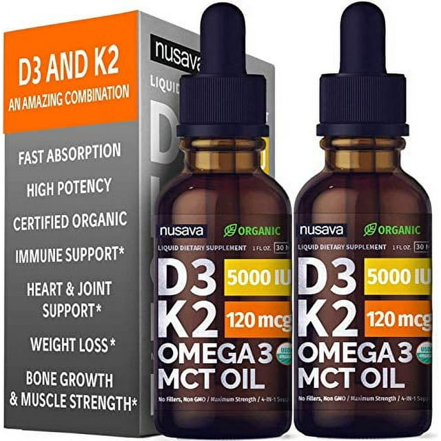 Nusava Organic Vitamin D3 K2 Drops, MCT Oil Omega 3, 5000 IU, 2oz Pack