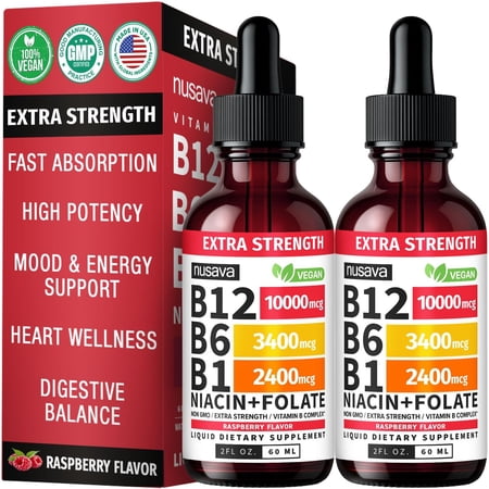 Nusava Extra Strength Vitamin B Complex Liquid Vitamins with B1, B6, and B12 Vitamins, Raspberry, 2 Pack