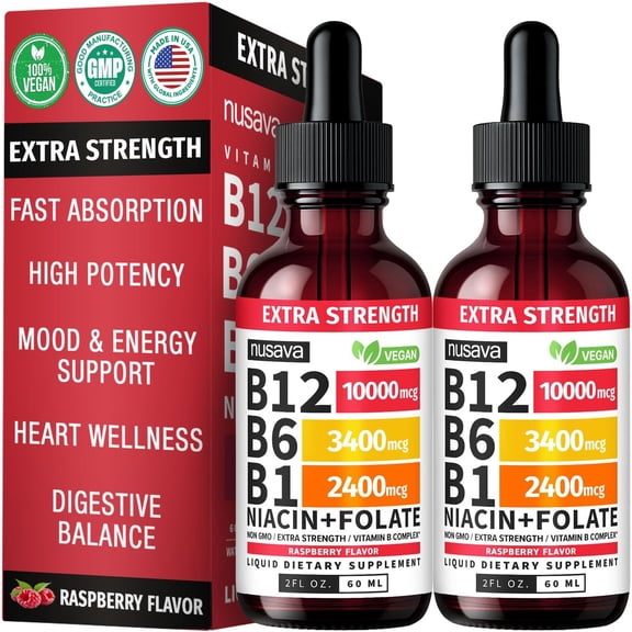 Nusava Extra Strength Vitamin B Complex Liquid Vitamins with B1, B6, and B12 Vitamins, Raspberry, 2 Pack