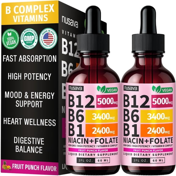 Nusava Vitamin B Complex Liquid Vitamins with B1, B6, and B12 Vitamins, Fruit Punch, 2 Pack