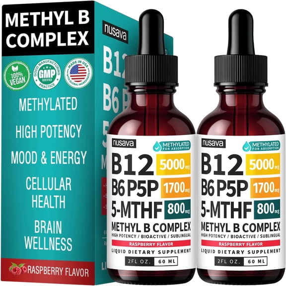 Nusava Vitamin B Complex with Active L-Methylfolate Liquid Vitamins for Brain Wellness, Raspberry, 2 Pack