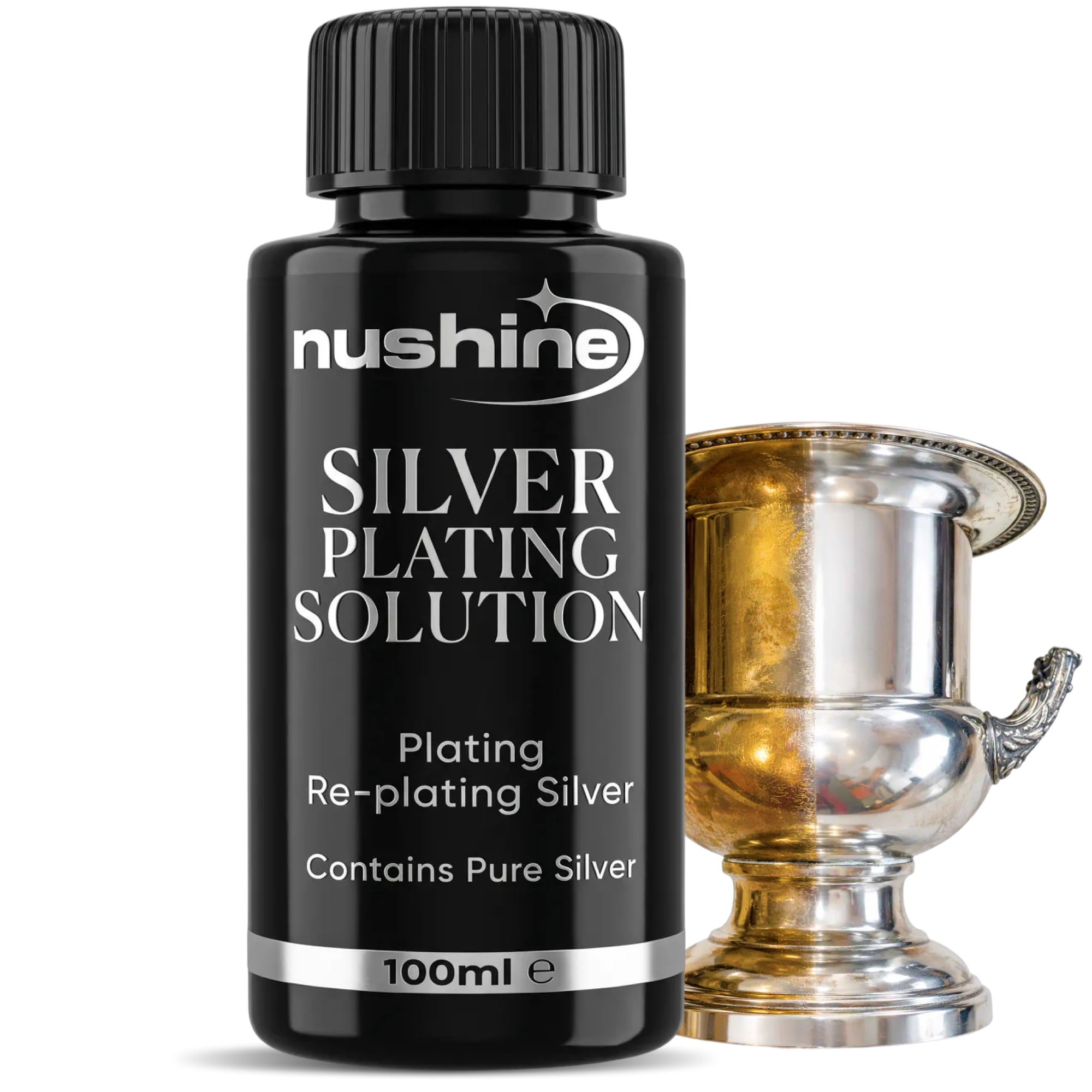 Nushine Silver Plating Solution 3.4 Oz - Permanently Plate Pure Silver onto Worn Silver, Brass, Copper and Bronze ONLY (Ecofriendly Formula)