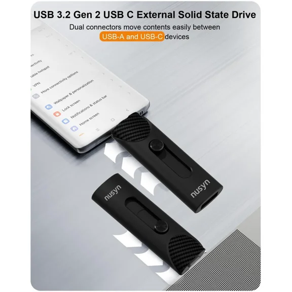 Nusyn NSU53 1TB External SSD / USB Drive - Up to 1050MB/s, 2-in-1 USB-C + USB-A, USB 3.2 Gen2, Portable Solid State Drive for iPhone 15/16+, Android Phones/Tablets, PS4, Windows & Mac