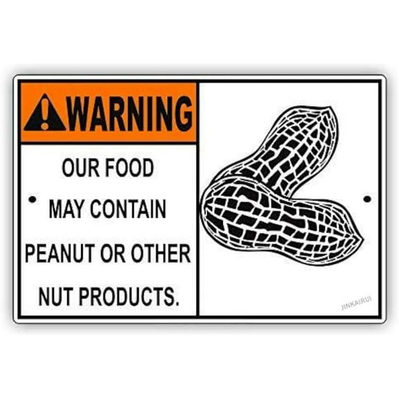 Nut Allergy Warning Sign - Metal Tin Safety Plaque, 8x12 Inch - Restaurant Kitchen Office - Peanut & Nut Product Notice, Indoor Outdoor Use