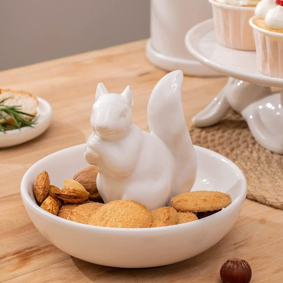 Nut Bowl Snack Serving Dish - Ceramic Squirrel Candy Jewelry Dish for Pistachio Peanuts, Holiday House Warming Hostess Gifts