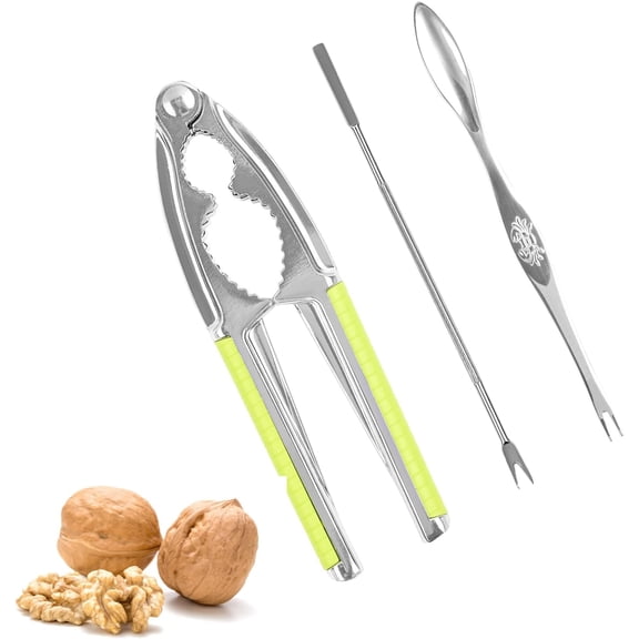 Nut Crackers Walnut Cracker Heavy Duty Walnut Cracker Tool with 2 PCS Forks/Picks Seafood Cracker Walnut Opener Tool with Green Non-slip Handle