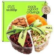 Nut Cravings Dried Fruit & Nuts Gift Basket, Green Ribbon, 4 Assortments, Premium Kosher Snack Tray