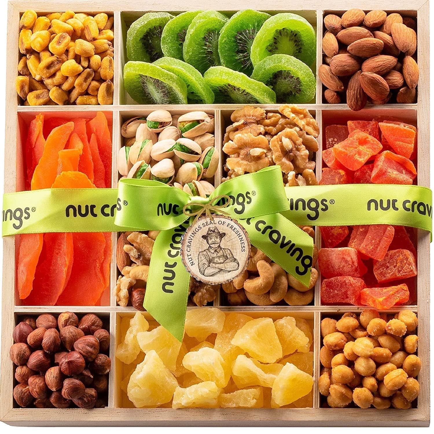 Nut Cravings Dried Fruits & Nuts Gift Basket, Kosher Snack Tray, 12 Assortments, Wooden Tray