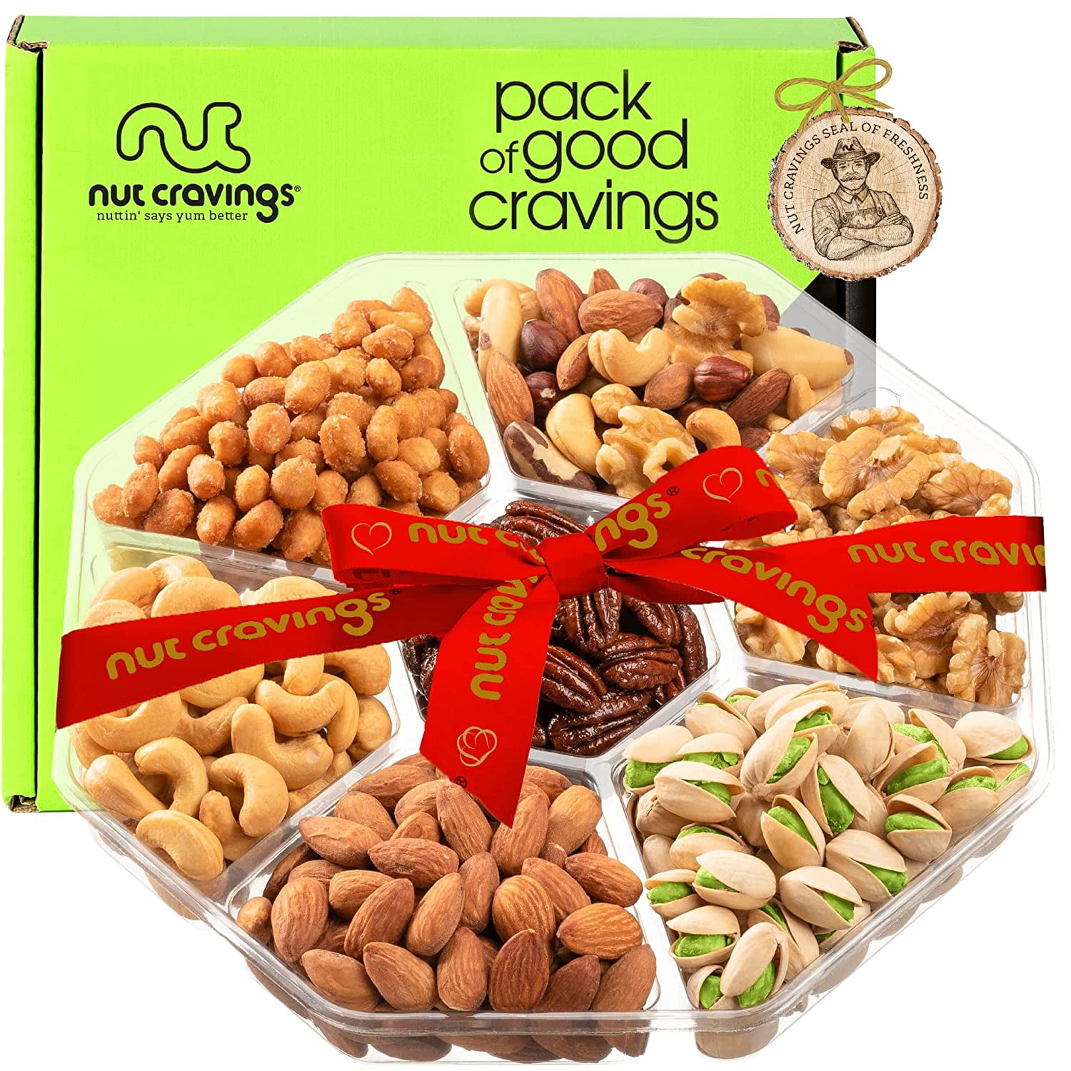 Nut Cravings Gift Basket + Red Ribbon (7 Assortments) Premium Nuts