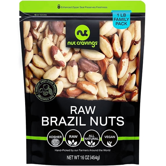 Nut Cravings Raw Brazil Nuts 1 lb - Unsalted No Shell Whole | Non-GMO Rich in Selenium Keto Vegan Friendly Resealable Bag