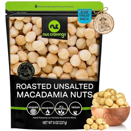 Nut Cravings Roasted Macadamia Nuts, Unsalted, Whole & Pieces, No Shell, 8oz Resealable Bag