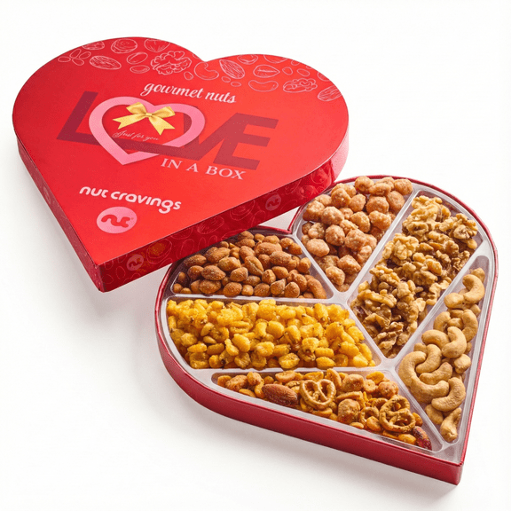 Nut Cravings Valentines Mixed Nuts Heart-Shaped Gift Basket, 6 Nut Assortments, Healthy Snack Care Gift
