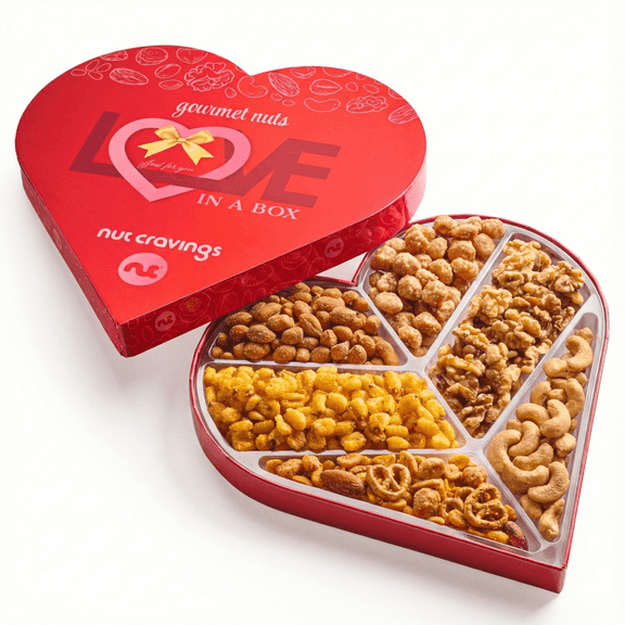 Nut Cravings Mixed Nuts Heart-Shaped Gift Basket, 6 Nut Assortments, Healthy Snack Care Gift