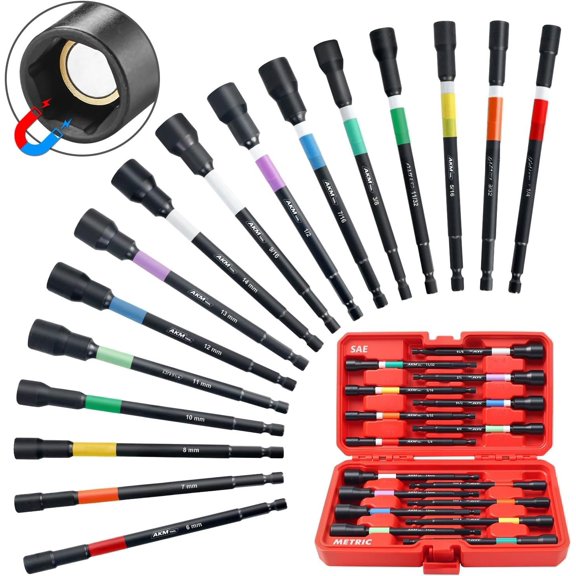 Nut Driver Set, Color-Coded Nut Driver Set, 6 Inch, 1/4" Hex Shank, SAE & Metric, Extra Long