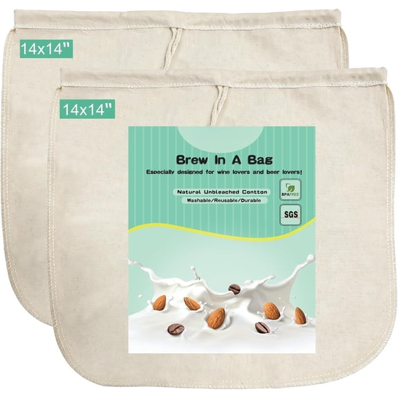 Nut Milk Bag 14x14in 2 Pack Unbleached Strainer Bag | Large Cheesecloth Bag for Homemade Nut Milk, Cold Brew, & Fruit Juice