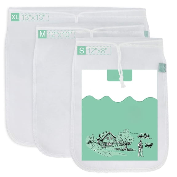 Nut Milk Bags 3 Pack Reusable Fine Nylon Mesh Strainer for Almond Soy Milk Yogurt Cheese Cold Brew Coffee Tea Beer Juice, White