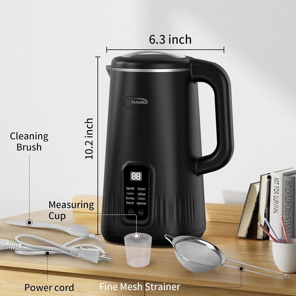 Nut Milk Maker Machine, 28oz 8-in-1 Automatic Silent Soy Milk Maker for Homemade Almond Oat Coconut & Plant-Based Drinks with Delay Start Keep Warm Self-Cleaning Boil Water Black