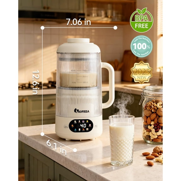 Nut Milk Maker Machine, Beige, 10 in 1 Noise Reducing Soy Milk Maker with 8 Blades, 35oz, Homemade Oat, Juice, Yogurt, Milk Shake, 12H Delay, 6H Keep Warm, BPA-Free, Self-Cleaning