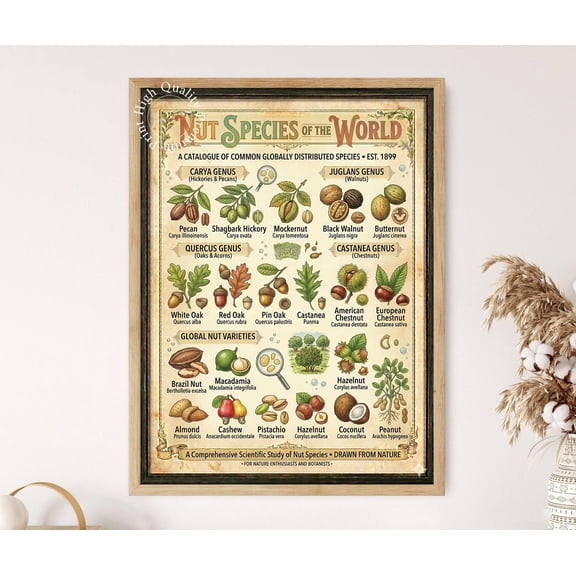 Nut Species Of The World Global Nut Tree Identification Art Poster , Poster Print Only