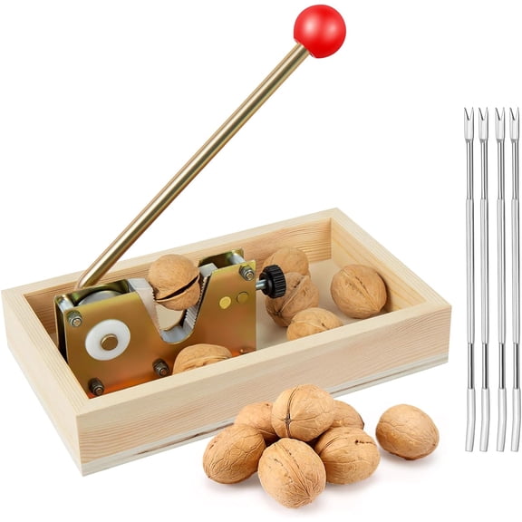 NutCracker Tool Heavy Duty Nut Cracker with Wooden Base Adjustable Nut Tongs Manual Nut Crackers for All Nuts Cracker Tool for Walnut Pecan Macadamia Hazelnuts Chestnut, 4 Picks Included