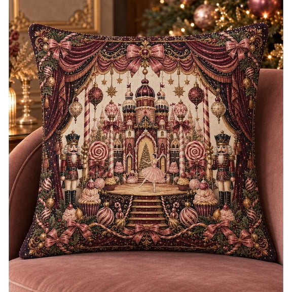 Nutcracker Ballet Candy Castle Woven Pillow, 17 x 18 in, Double-Sided, Burgundy