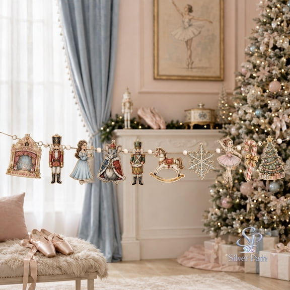 Nutcracker Ballet Christmas Ornament Wooden Garland, 10-Piece Wooden Mantel Decoration for Holiday Hosts