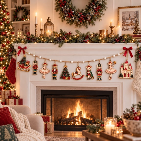 Nutcracker Ballet Garland Ornament, Wooden Christmas Mantel Decoration for Holiday Home Decor