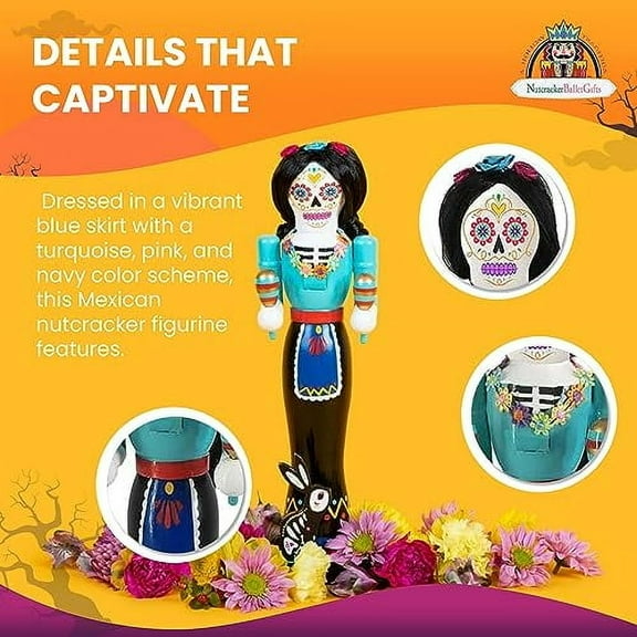 Nutcracker Ballet Gifts Day of The Dead Female Wooden Nutcracker Figurine Statue Figure, Holiday Ornaments, Mexican Theme Party Decorations, Dia De Los Muertos, Halloween, Home Decor, 14-inch